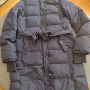 Navy Blue J. Crew Long Down Winter Coat w/removable hood & waist tie